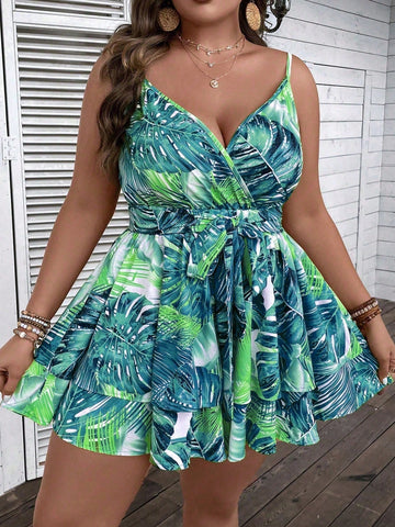 Plus Size Tropical Printed Belted Strappy Romper Shorts