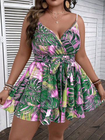 Plus Size Women's Tropical Plant Printed Sleeveless Jumpsuit