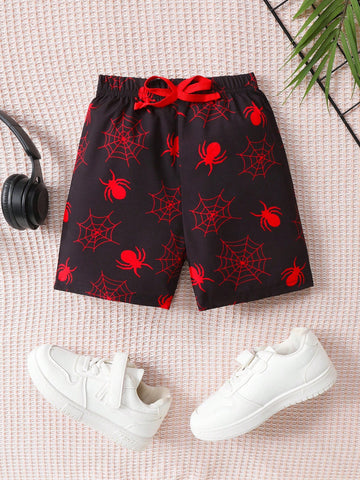 Young Boy Casual Black Shorts With Red Spider Print