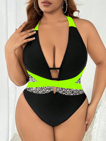 Plus Size Neon Strap Leopard Print Colorblock Crisscross Back Tie Front Sporty Monokini Swimsuit