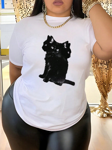 Plus Size Cat Print Short Sleeve T-Shirt