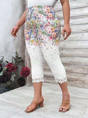 Plus Size Women's Elastic Waist Flower Print Spliced Lace Hem Leggings