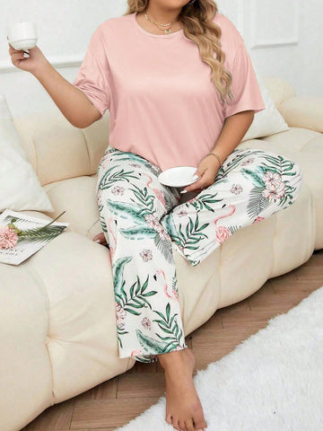 Plus Size Women's Casual Solid Color Round Neck Top And Tropical Print Pants Pajama Set For Leisure Time