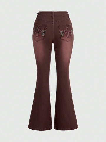 Ladies' Rhinestone Embellished Flared Denim Jeans With Cross Pattern