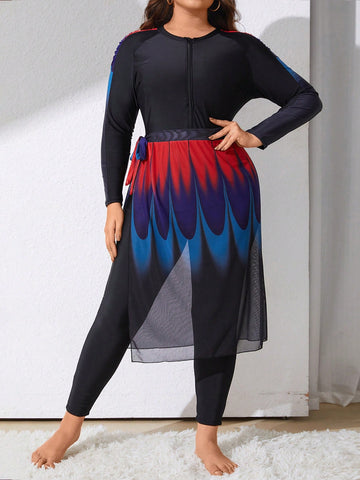 Plus-Size Two Piece Swimsuit With Color Blocking Design, Long Sleeve Beach Outfit Bathing Suit Summer
