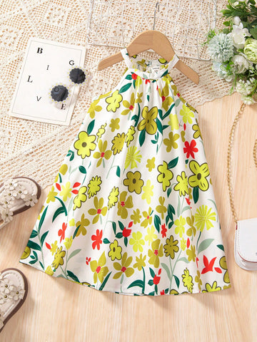Young Girl Floral Print Sleeveless Casual Dress