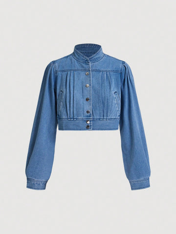 Pleated Button Front Denim Jacket With Slant Pocket