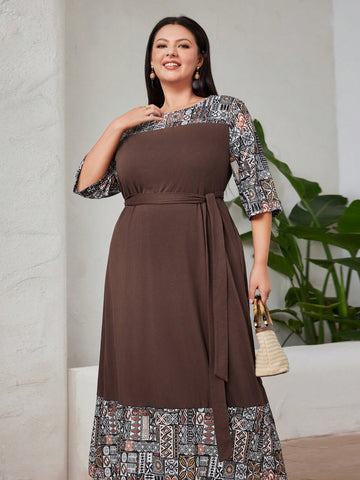 Plus Size Printed Patchwork Casual Dress
