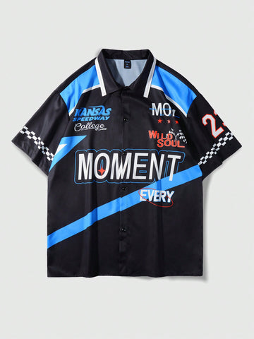Men's Short Sleeve Shirt With Car Racing And Letter Print