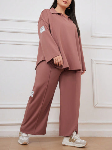 Plus Size Loose-Fit Drop Shoulder Long Sleeve Top With Letter Patch And Baggy Straight-Leg Pants