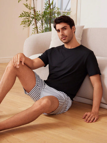 Men's Solid Color Top & Striped Shorts Homewear Set
