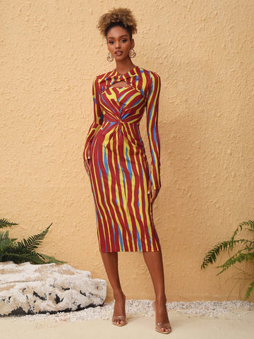 Women's Color Block Stripe Twisted Bodycon Long Sleeve Dress