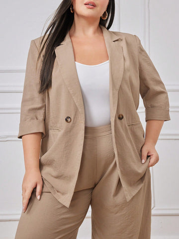 Plus Size Casual Double Breasted Suit Jacket With Turn-Down Collar