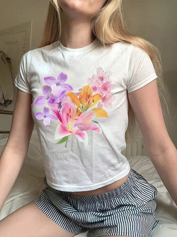 Y2k Floral Printed Short Sleeve T-Shirt For Women