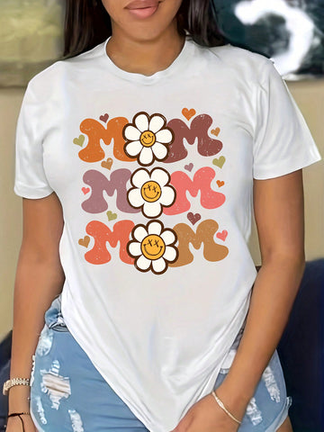 Plus Size Women's Floral & Letter Printed Round Neck Short Sleeve T-Shirt