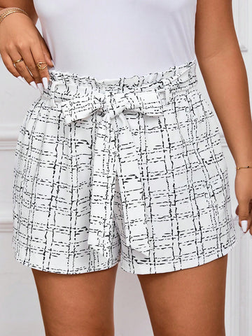 Plus Size Printed Checked Paper Bag Waist Shorts
