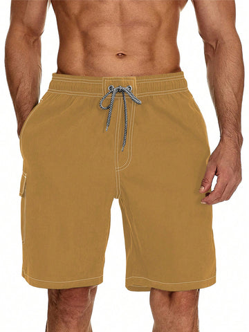 Men's Solid Color Drawstring Waist Cargo Beach Shorts, For Summer, Swimming