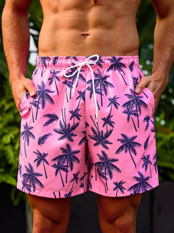 Men's Coconut Tree Print Drawstring Waist Beach Shorts