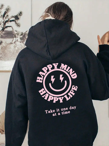 Plus Size Women's Hooded Sweatshirt With Letter & Smiling Face Print