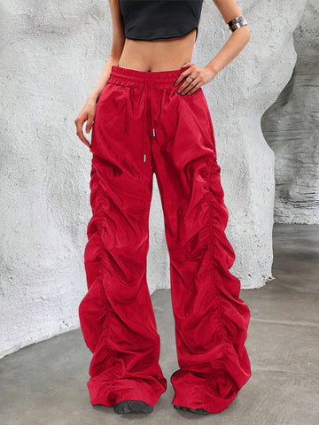 Casual Pleated Drawstring Wide Leg Pants
