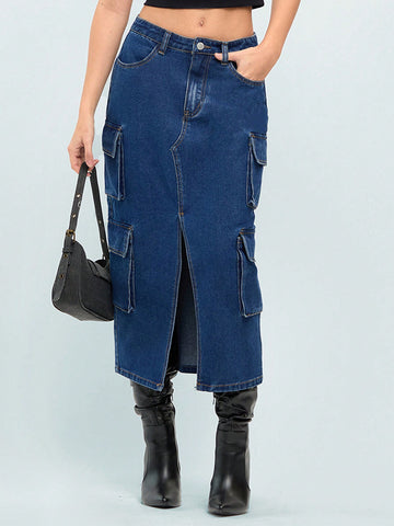 Women's Mid-Length Denim Skirt With Utility Elements