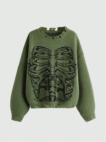 Skeleton Pattern Distressed Sweater