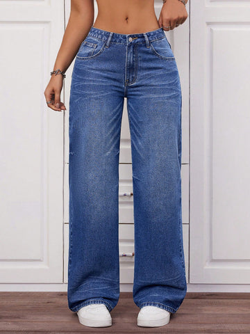 Washed Straight Leg Jeans With Slanted Pockets