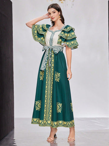 Women's Floral Print Multi-Layered Ruffle Sleeve Arabic Dress