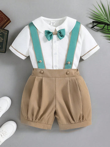 Young Boy's Matching Short Sleeve Shirt And Contrast-Trim Suspender Pants, Gentlemen Style