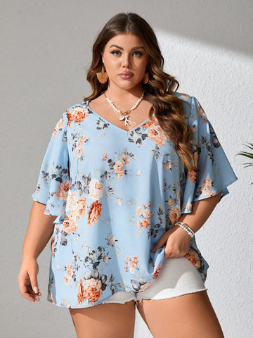 Plus Size Women's Floral Butterfly Sleeve Printed Shirt