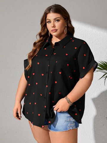 Plus Size Women's Heart Printed Batwing Sleeve Shirt