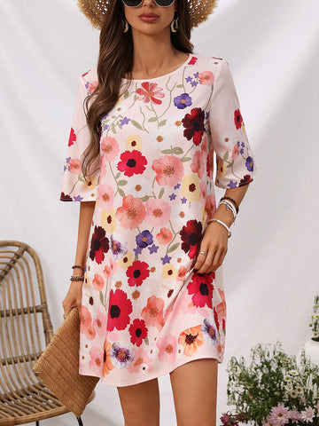 Floral Printed Round Neck Casual Dress