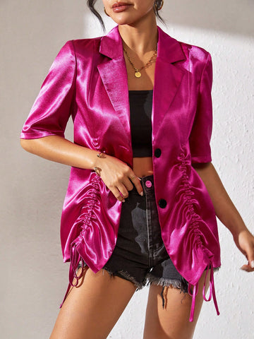 Women's Short Sleeve Blazer With Pleated Front Design