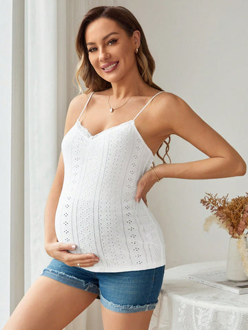 Adjustable Shoulder Strap Lace Patchwork Maternity Tank Top, Suitable For Casual, Beach, Vacation, Summer