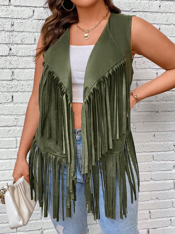 Plus Size Women's Fringed Open-Front Sleeveless Vest With Patchwork Design