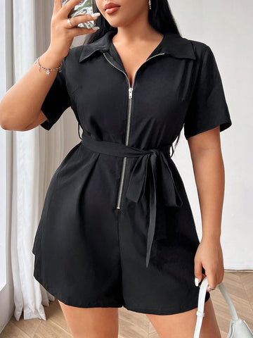 Plus Size Solid Color Short Sleeve Jumpsuit With Front Zipper Closure