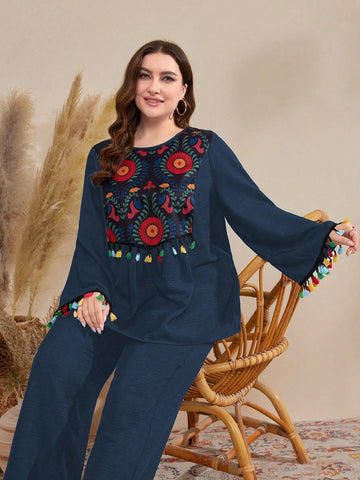 Floral Print Plus Size Women's Fringed Bell Sleeve Top And Pants 2pcs/Set