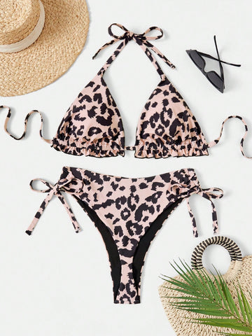 Plus Size Full Leopard Print Halter Bikini Swimsuit Set, Two Piece Swimwear