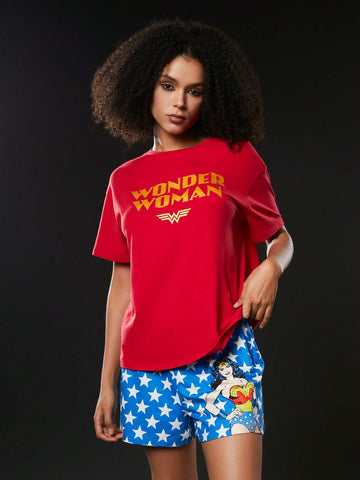 Loose-Fit Casual Style Red Foil Printed T-Shirt And Blue Star Pattern Printed Shorts Women's Pajama Set