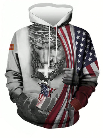 Men's Hooded Sweatshirt With Portrait And Flag Print, Drawstring Closure