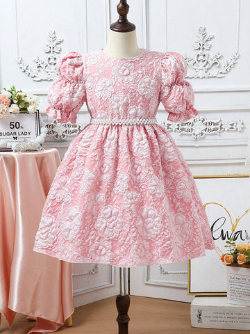 Tween Girls' Elegant Bubble Sleeves Jacquard Party Dress With Pearl Belt, Suitable For Birthday Gift, Party, Wedding, Flower Girl