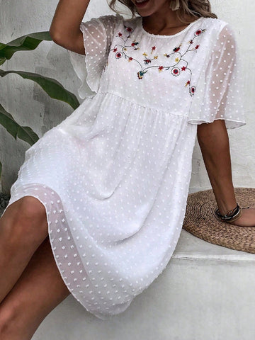 Women'S Floral Embroidery Butterfly Sleeve Dress