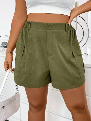 Plus Size Solid Color Elastic Waist Shorts With Flap Pockets
