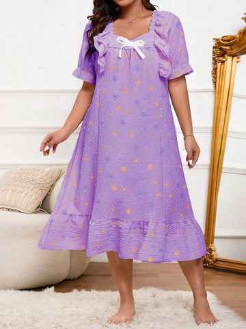 Plus Size Ruffled Hem Star Print Nightdress With Bowknot Decoration