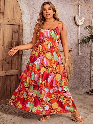 Plus Size Women's Fruit Printed Spaghetti Strap Dress