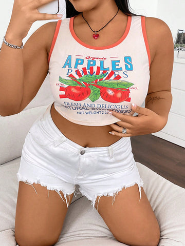 Plus Size Sleeveless Tank Top With Apple And Alphabet Print, Slim Fit