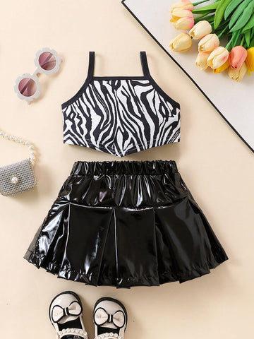 Baby Girl's Cool Zebra Pattern Tank Top And Faux Leather Skirt Streetwear Fashionable Elegant And Cute Style