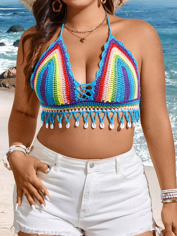 Plus Size Striped Color Blocking Knit Top With Shell Decoration, Halter Neck, Open Back