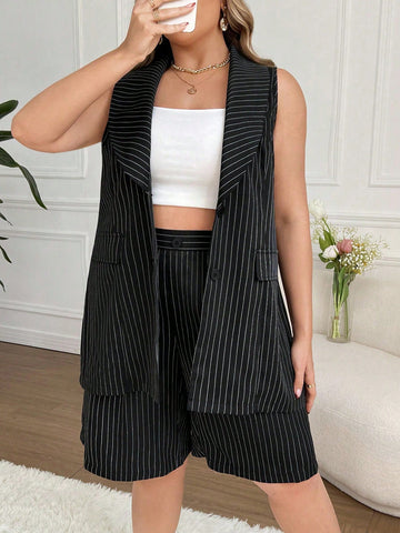 Plus Size Striped Sleeveless Shawl Collar Blazer With Shorts Suit