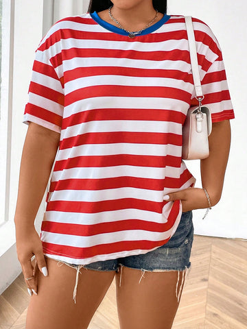 Plus Size Striped Round Neck Short Sleeve Casual T-Shirt